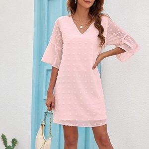 3/4 Sleeve, V Neck Ruffle Chiffon Dress